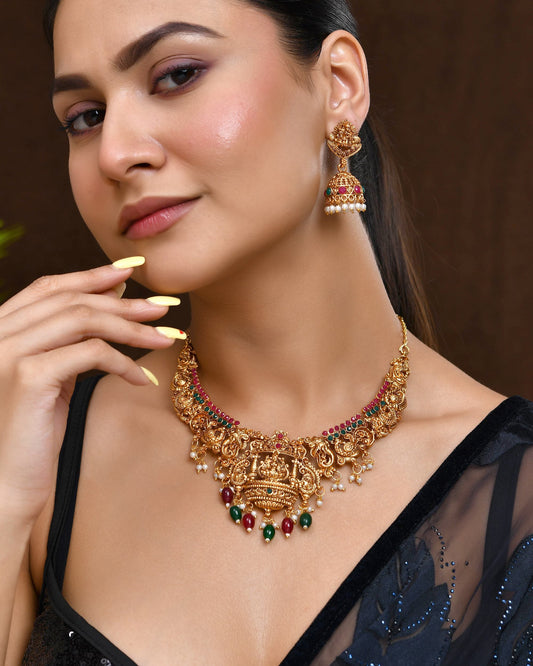 VOJ Gold Polished Beaded Temple Jewellery Set - Swadesiicart