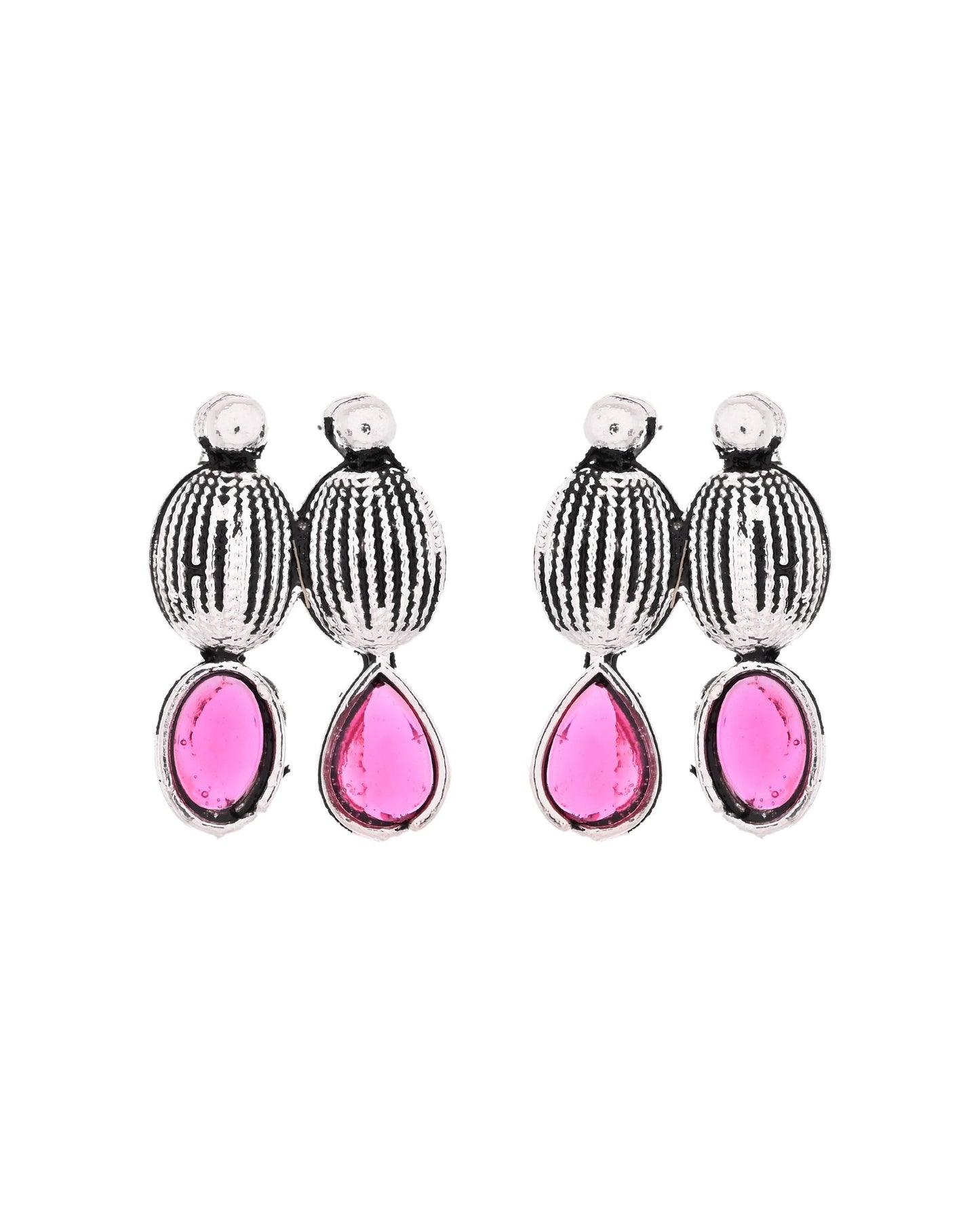 VOJ Oxidized Silver Toned Green And Pink Stone Studded Jewellery Set - Swadesiicart