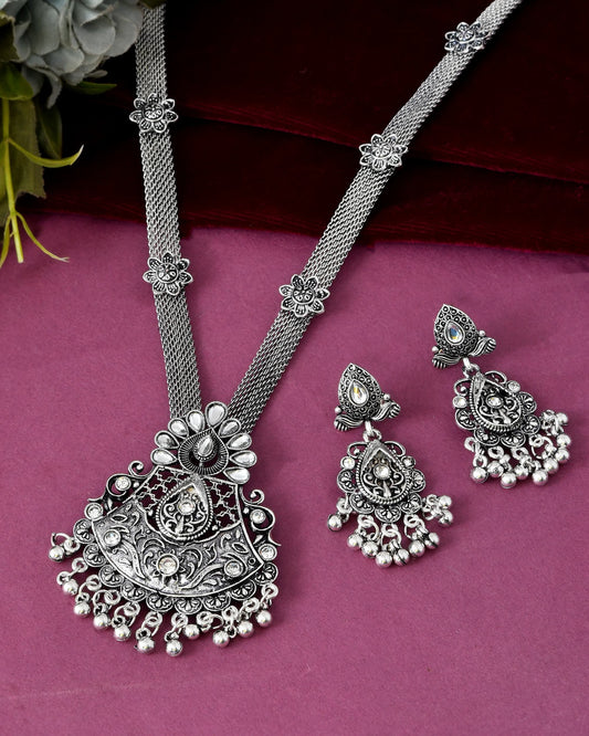 VOJ Oxidized Silver-Plated Artificial Beaded Long Jewellery Set - Swadesiicart