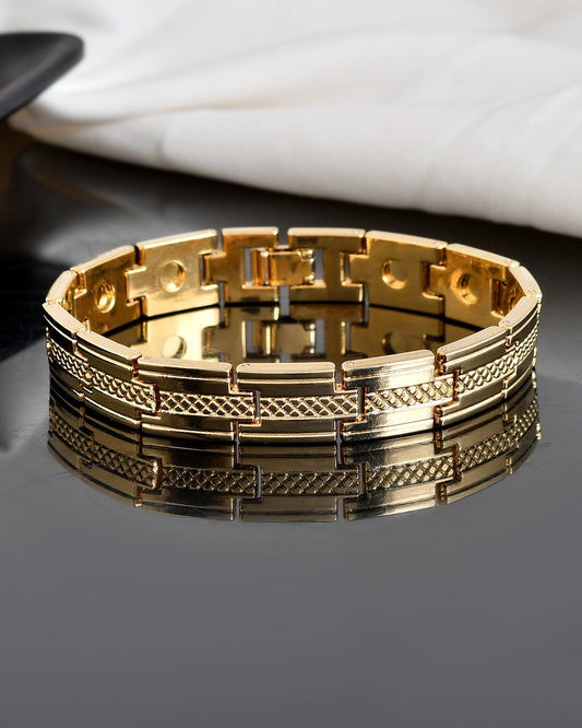 VOJ Men Gold-Toned Stainless Steel Grid Pattern Chain Bracelet - Swadesiicart