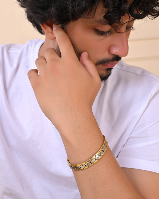 VOJ Silver And Gold Polished Minimal Geometrical Shaped Men's Bracelet - Swadesiicart