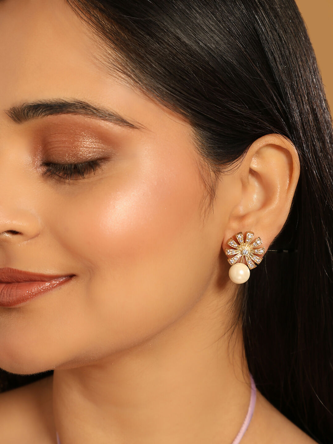 Nuyug 22K Gold-Plated Pearl Drop Zircon Floral Shaped Mini Stud Earrings | Swadesiicart