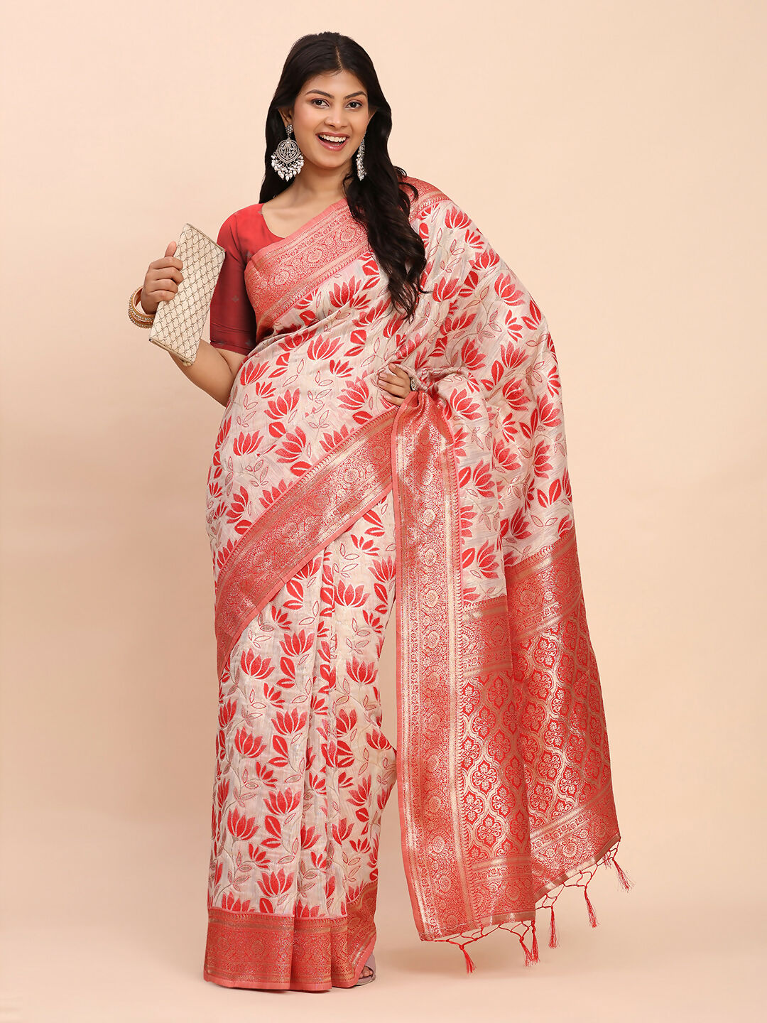 Shree Shyam Fashion Linen Cotton Red Saree