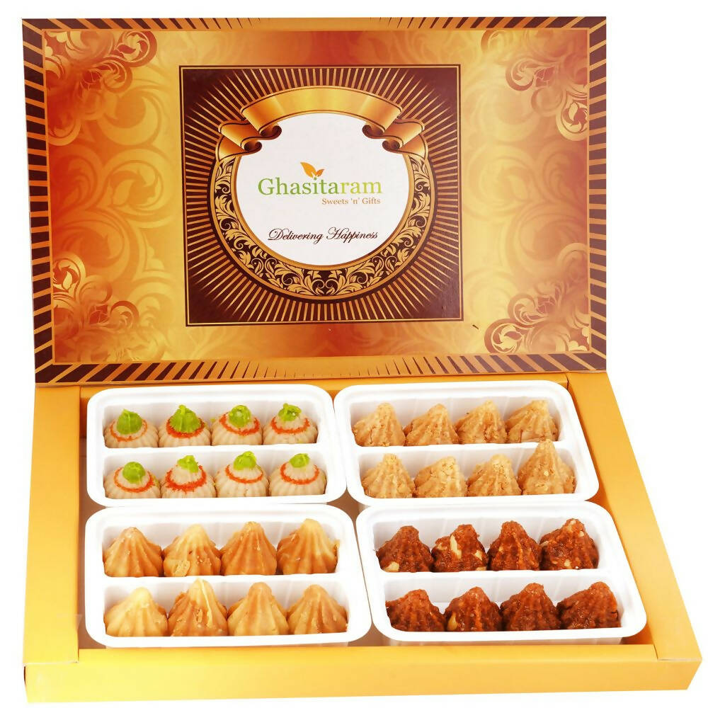 Ghasitaram Big Box of Kaju, Milk Cake, Mysore Pak and Dodha Barfi Modaks | Swadesiicart