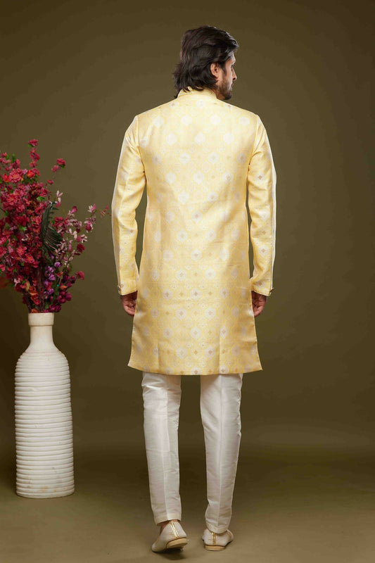 Raivat Ethnic Banarasi Jacquard Embroidery Semi Indo Western Sherwani In Yellow Colour | Swadesiicart