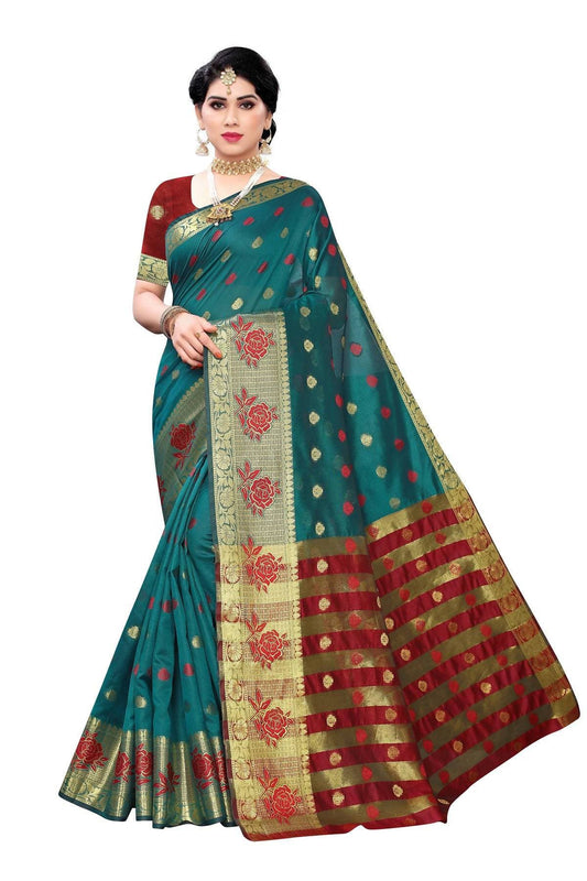Vamika Banarasi Jaquard Rama Green Weaving Saree | Swadesiicart