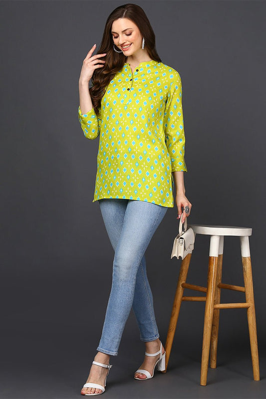 Ahika Lime Green Cotton Blend Geometric Print Straight Tunic