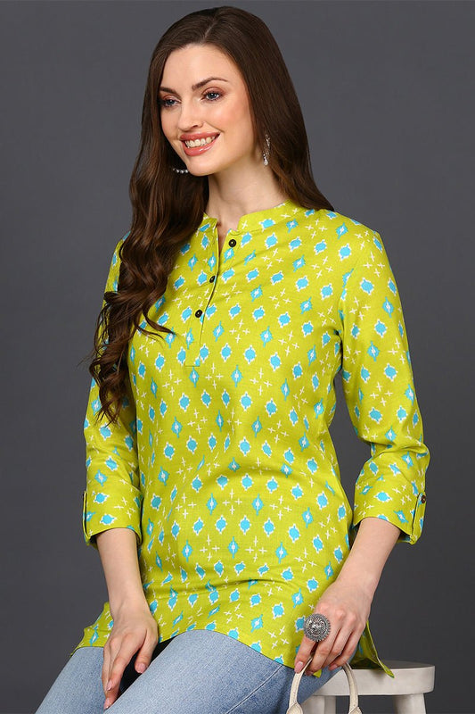 Ahika Lime Green Cotton Blend Geometric Print Straight Tunic