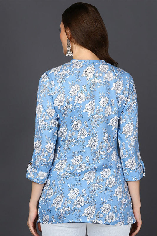 Ahika Light Blue Cotton Blend Floral Printed Straight Tunic