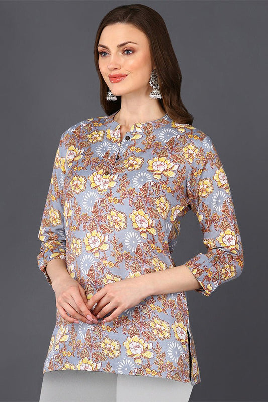 Ahika Grey Floral Cotton Blend Printed Straight Tunic