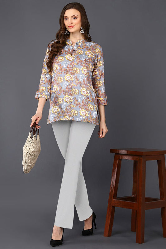 Ahika Grey Floral Cotton Blend Printed Straight Tunic
