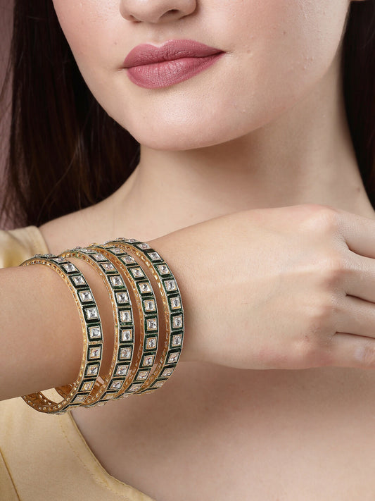 NVR Women's Set Of 4 Gold-Polished Green Kundan-Studded Traditional Bangles - NR Retail-NVR