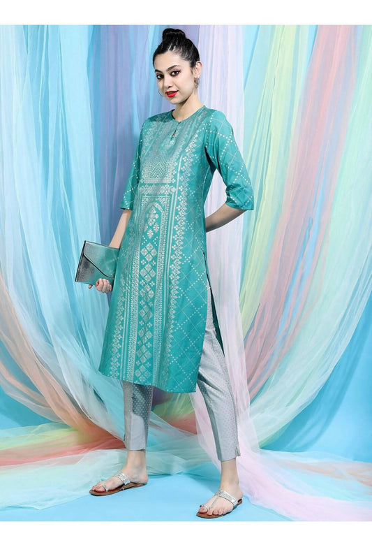 Cheera Embellished Daily Wear Cotton Blend Kurta - Turquoise Green - Cheera