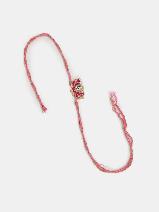 NVR Women & Men Set of 2 Pink Lotus Shape Kundan Stone-Studded & Beaded Bhaiya Bhabhi Rakhi With Roli Chawal | Swadesiicart