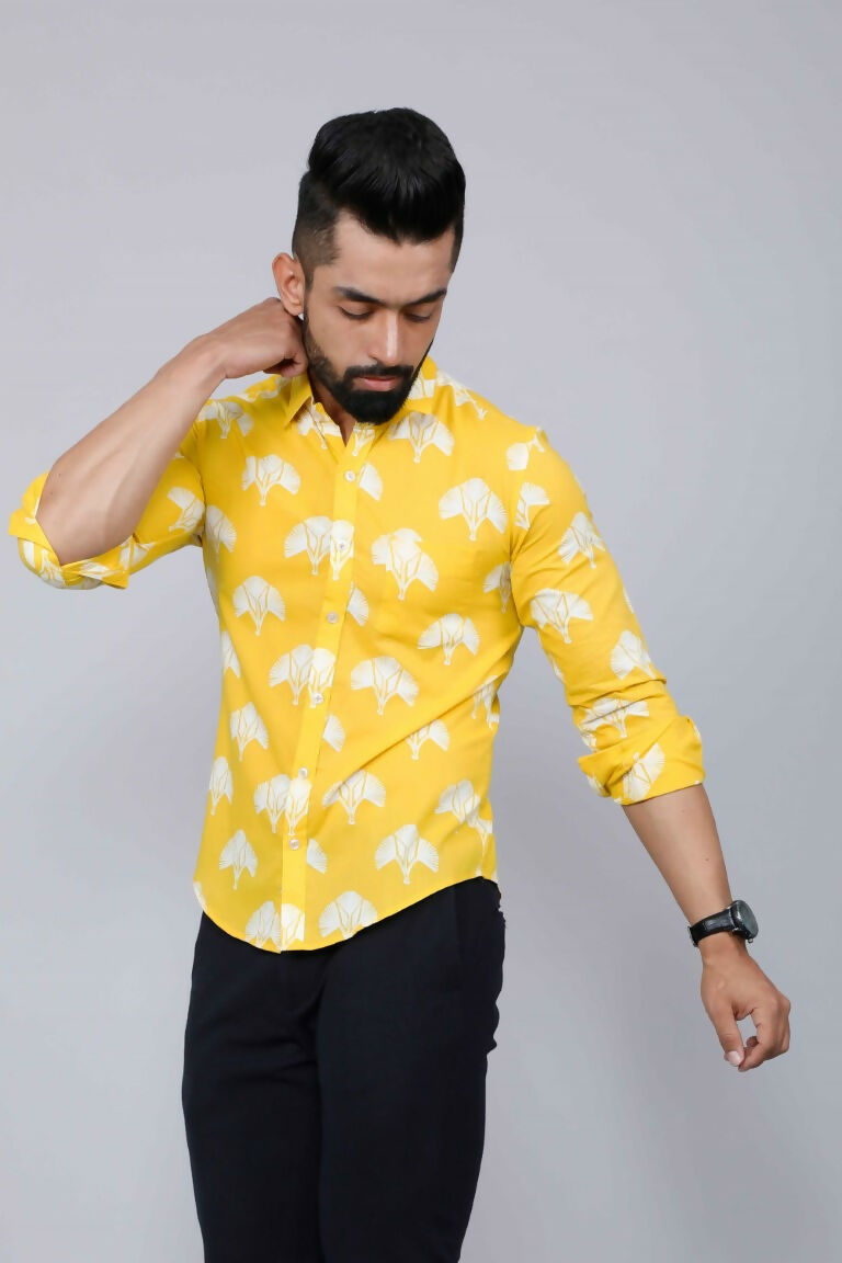 Miravan Men's Yellow and White Floral Printed Full Sleeves Cotton Casual Shirt | Swadesiicart