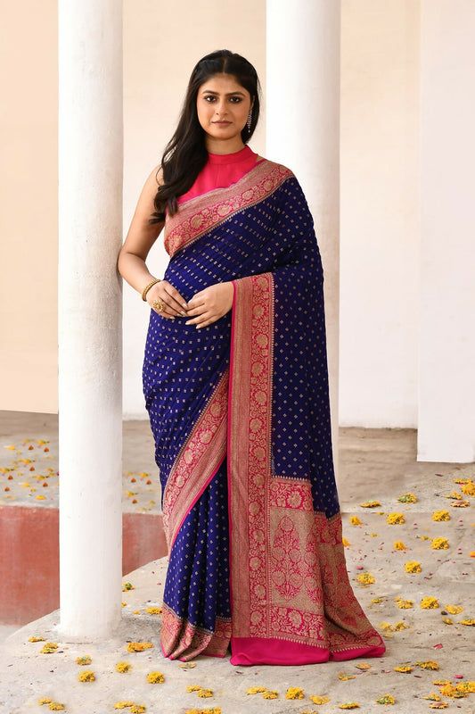 Joban Fashion Navy Blue Crepe Chiffon Pure Handloom Banarasi Silk Saree | Swadesiicart