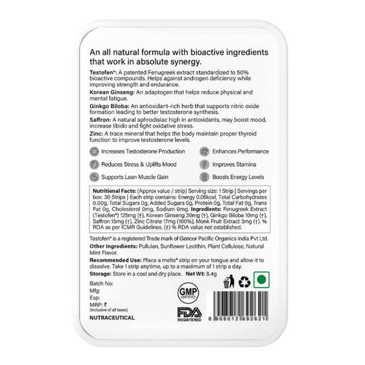Wellbeing Nutrition Melts Testo Power Oral Strips-Cool Mint Flavor | Swadesiicart