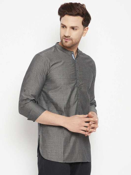 Even Apparels Grey Color Pure Cotton Short Men's Beautiful Kurta With Band Collar | Swadesiicart
