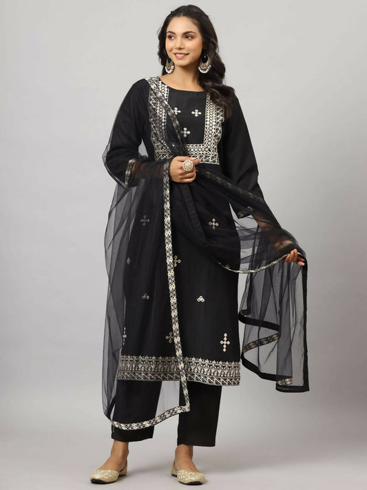 Juniper Women's Black Chinnon Solid Embroidered Kurta Set | Swadesiicart