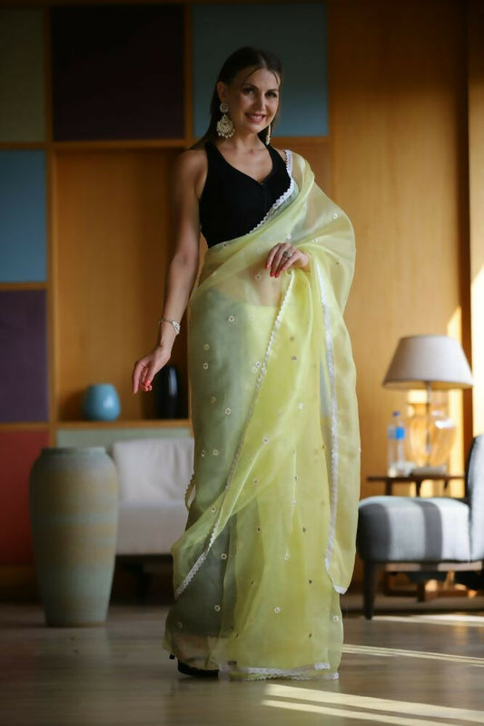 Vamsee Manbhari Yellow Organza Saree - Swadesiicart
