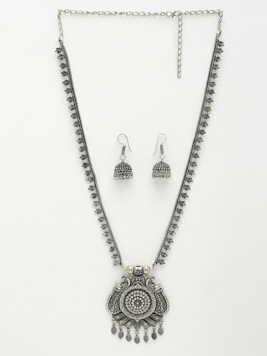 NVR Women's Silver-Toned Peacock Design Oxidized Necklace with Jhumka Earrings - Swadesiicart