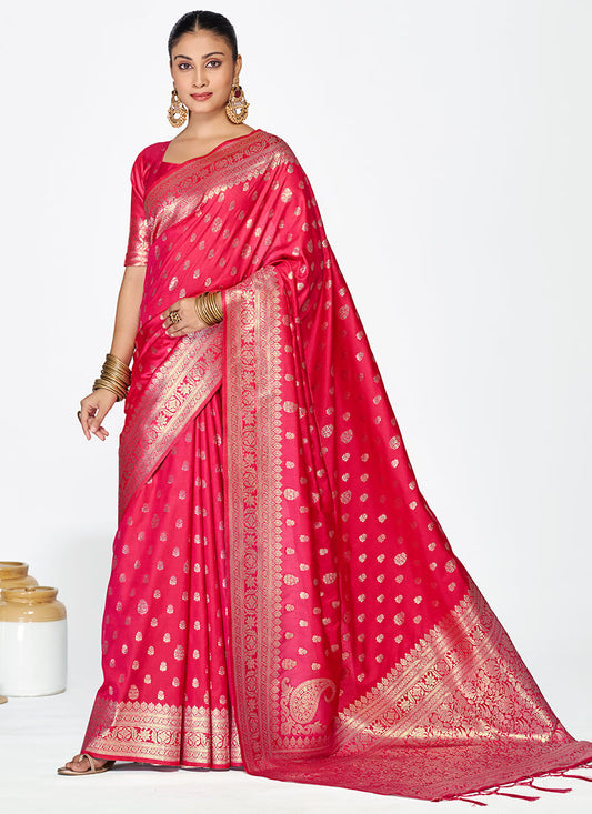 Vellora Rani Pink Premium Banarasi Silk Saree with Rich Golden Zari | Swadesiicart