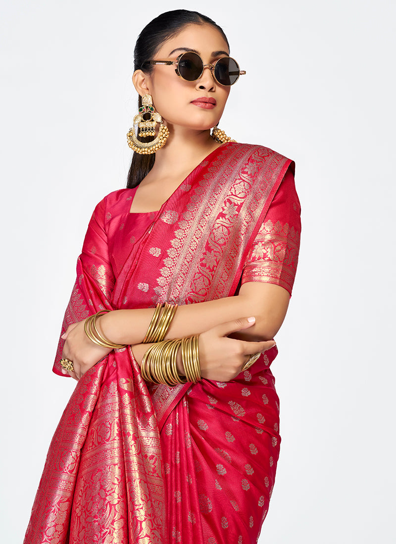 Vellora Rani Pink Premium Banarasi Silk Swadesiicart with Rich Golden Zari