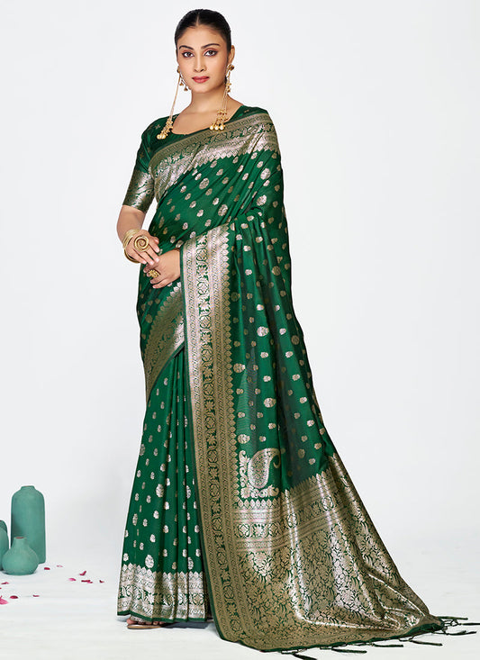 Vellora Emerald Green Banarasi Silk Saree with Antique Golden Zari | Swadesiicart