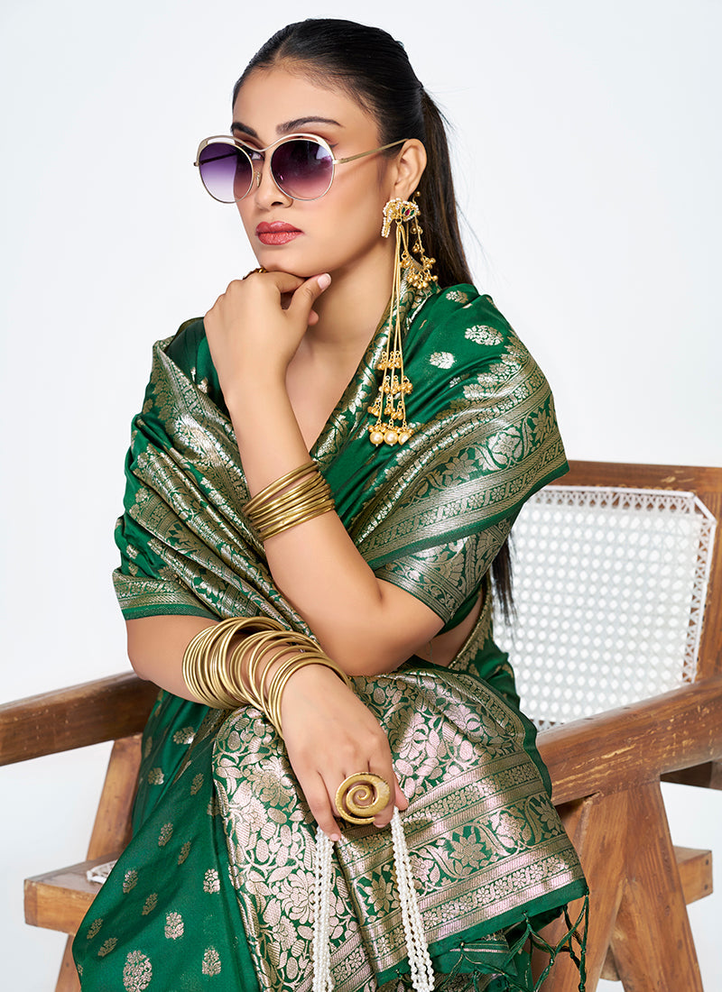 Vellora Emerald Green Banarasi Silk Saree with Antique Golden Zari | Swadesiicart