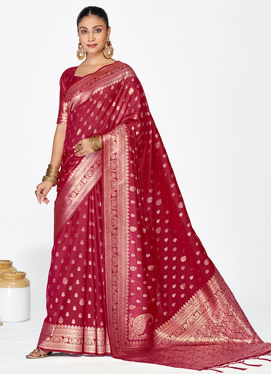 Vellora Maroon Banarasi Silk Saree with Rich Zari Detailing | Swadesiicart