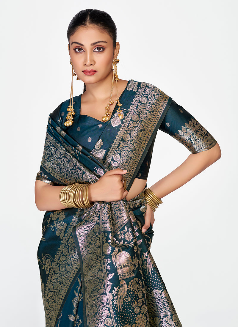 Vellora Navy Blue Banarasi Silk Saree with Rich Zari Weaving | Swadesiicart