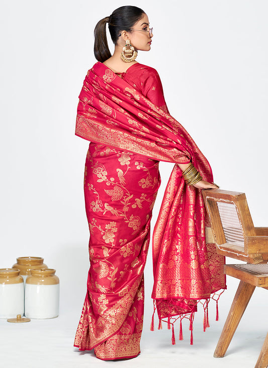 Vellora Rani Pink Banarasi Silk Saree with Golden Floral Zari | Swadesiicart