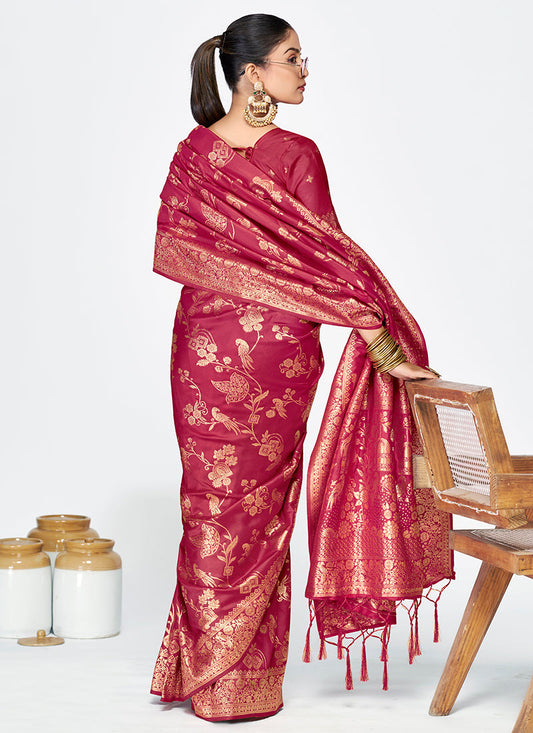 Vellora Rose Pink Banarasi Silk Saree with Antique Zari Border | Swadesiicart