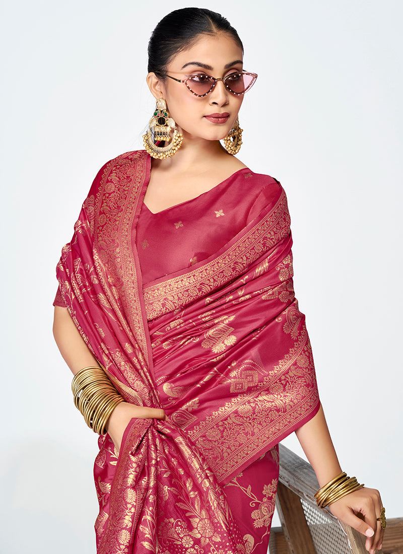 Vellora Rose Pink Banarasi Silk Saree with Antique Zari Border | Swadesiicart