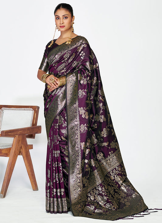 Vellora Wine Banarasi Silk Saree with Heavy Traditional Zari | Swadesiicart