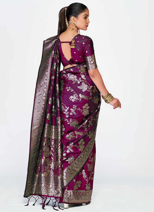 Vellora Wine Banarasi Silk Saree with Heavy Traditional Zari | Swadesiicart