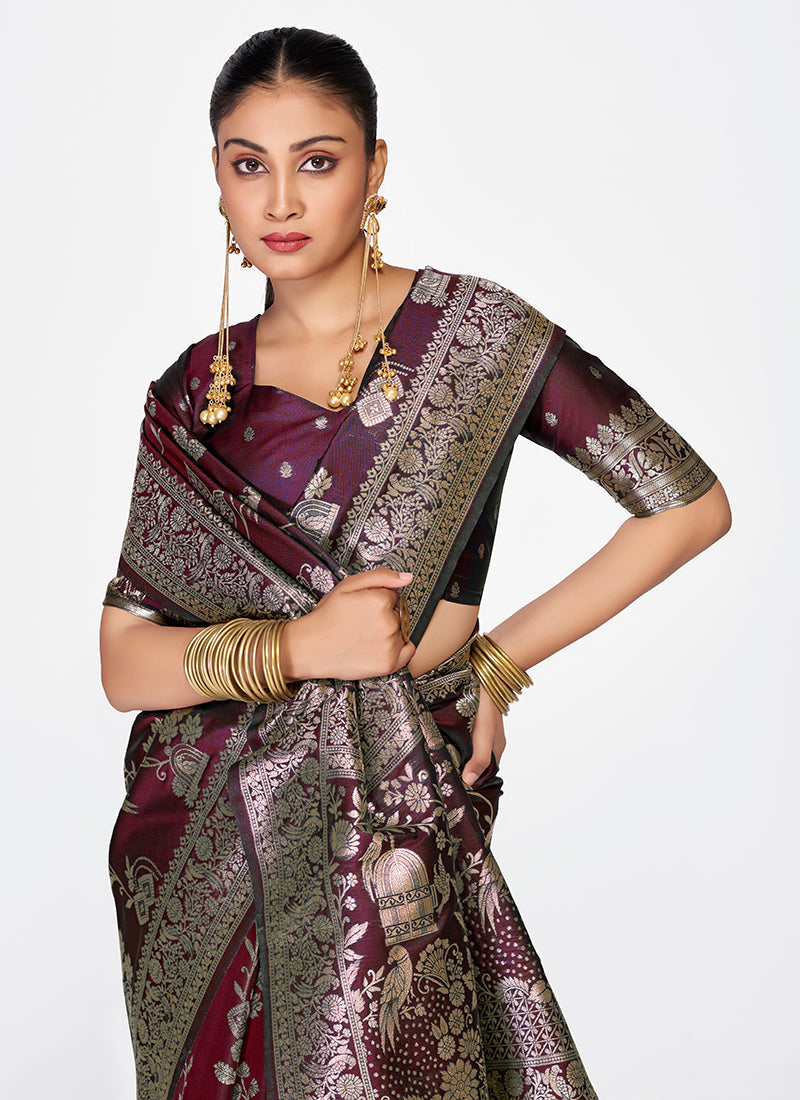 Vellora Wine Banarasi Silk Saree with Heavy Traditional Zari | Swadesiicart
