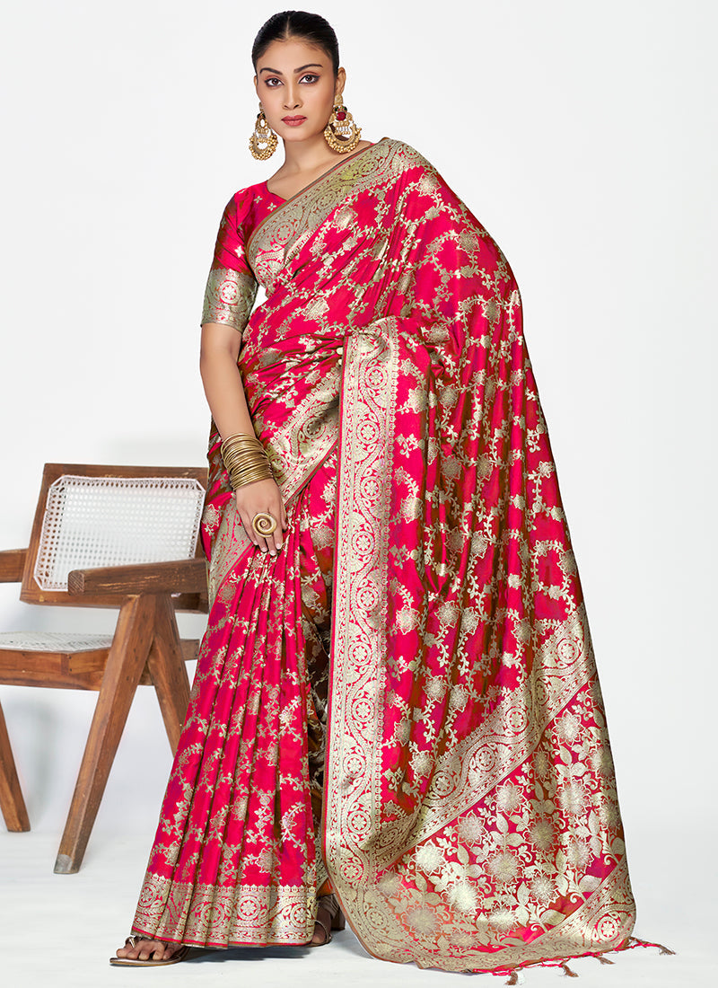 Vellora Rani Pink Banarasi Soft Silk Saree with Heavy Golden Jaal Weaving | Swadesiicart