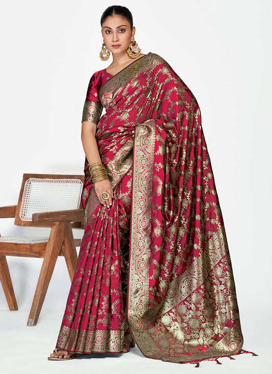 Vellora Wine Red Banarasi Silk Saree with Antique Golden Zari Work | Swadesiicart