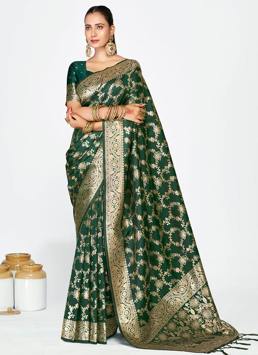 Vellora Bottle Green Banarasi Silk Saree with Elegant Zari Border | Swadesiicart