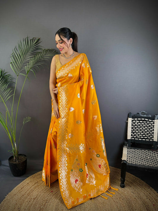 Joban Fashion Banarasi Orange Woven Soft Silk Saree | Swadesiicart