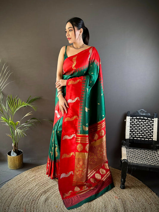 Joban Fashion Red Peacock,Butti Banarasi Silk Sarees | Swadesiicart