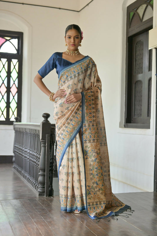 Vishnu Weaves Women's Blue Soft Tussar Silk Saree with Blouse - Swadesiicart