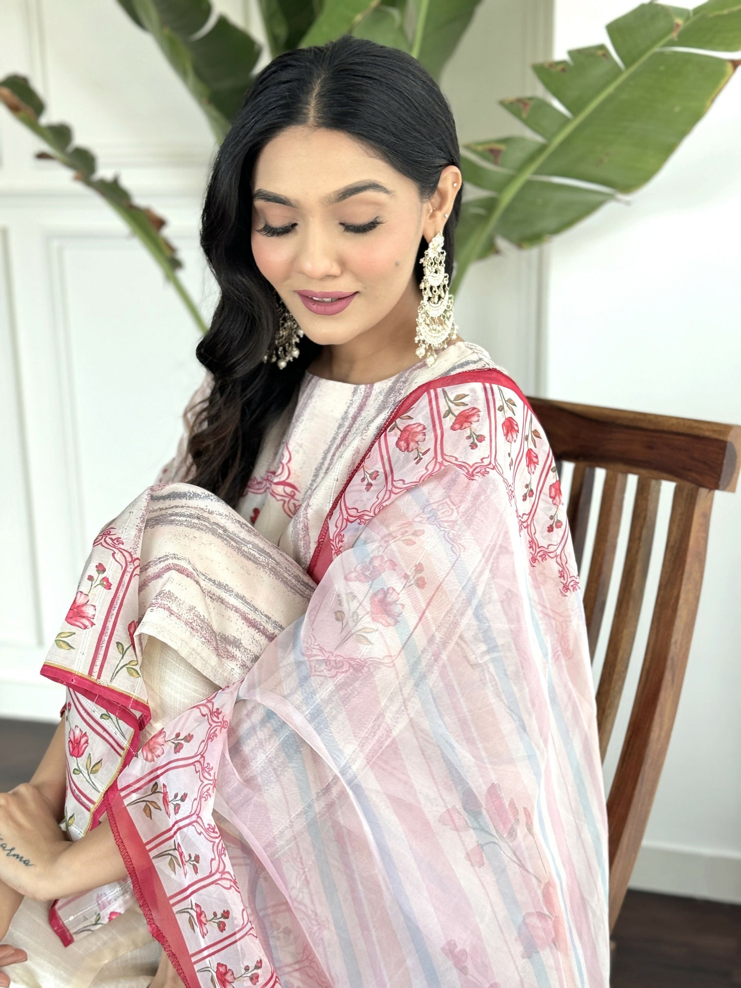 White Multi Viscose Chanderi Stitched Suit With Dupatta - Tanisha | Swadesiicart
