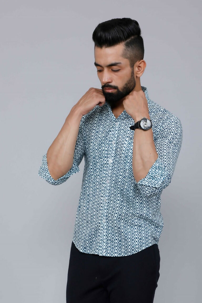 Miravan Men's White & Blue Premium Cotton Floral Print Casual Shirt | Swadesiicart