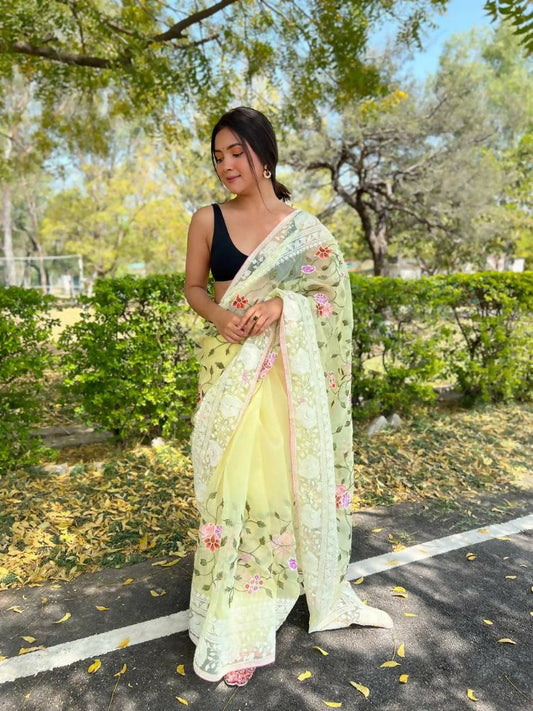 Vamsee Foolwarii Yellow Organza Saree - Swadesiicart
