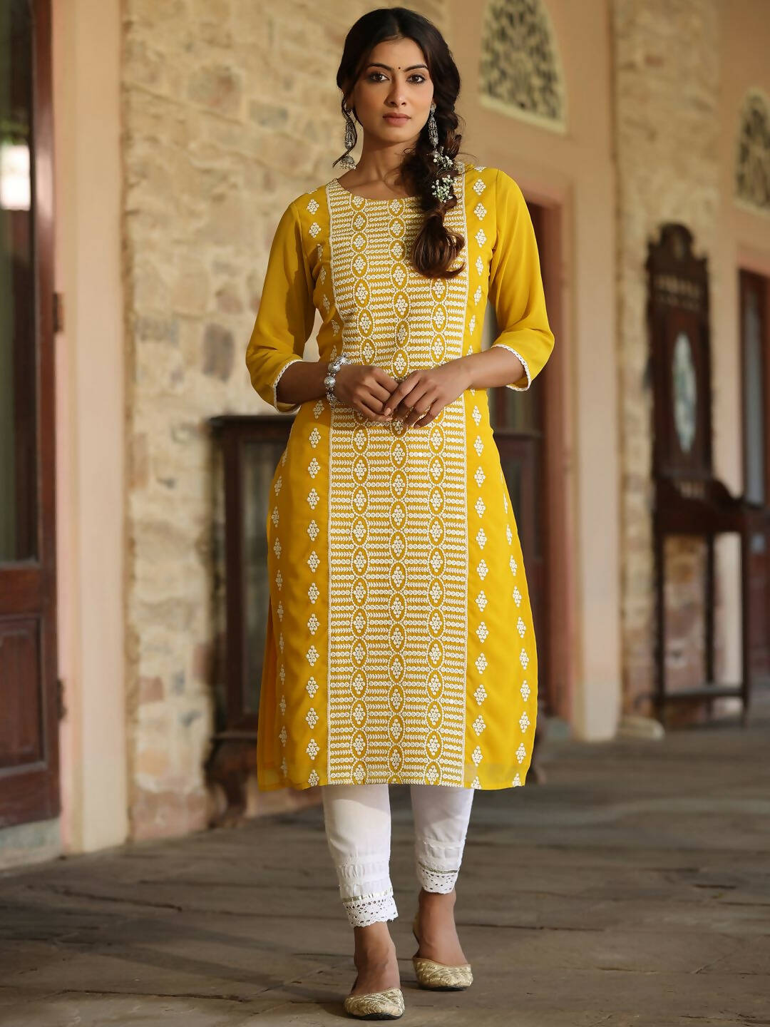 Juniper Women's Yellow Georgette Printed Kurta | Swadesiicart