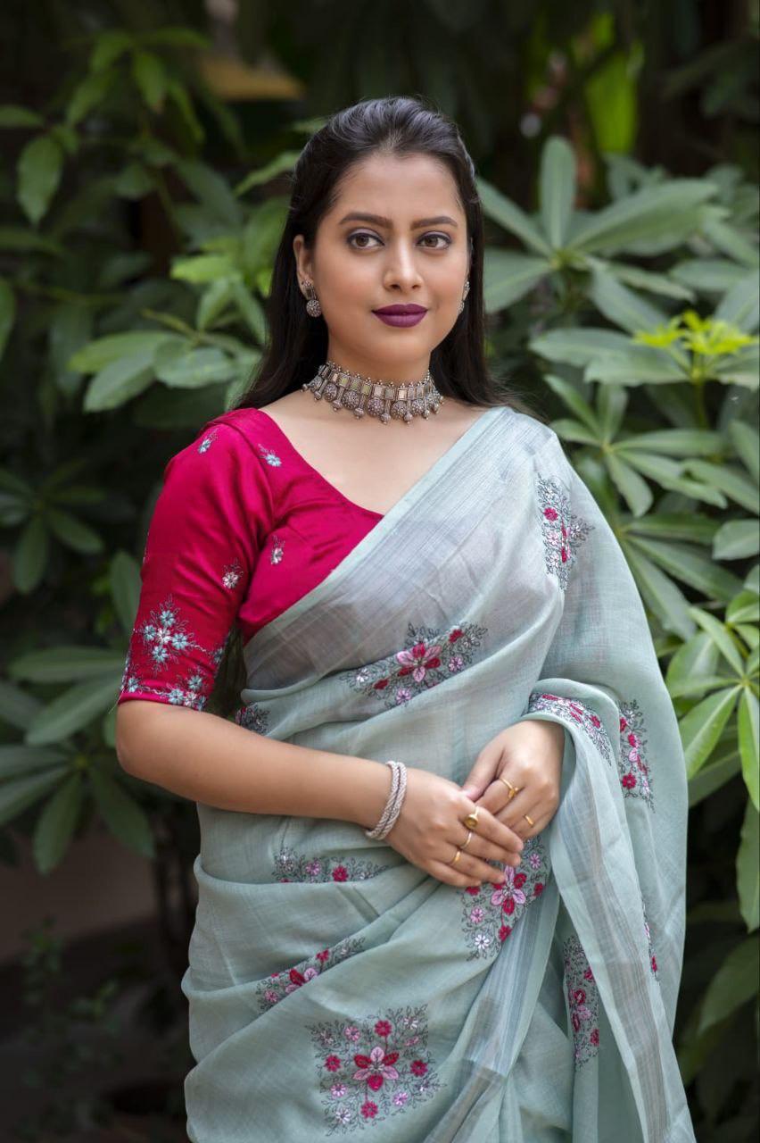 Pine Pure Linen Ethnic Motifs Swadesiicart with Unstitched Blouse - Hiral Fashion