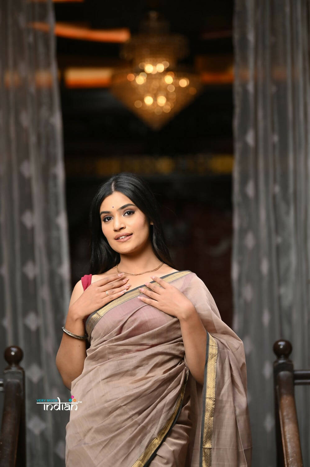 Very Much Indian VMI Exclusive Designer! Handloom Cotton Silk Saree With Sleek Golden Border - Warm Taupe | Swadesiicart