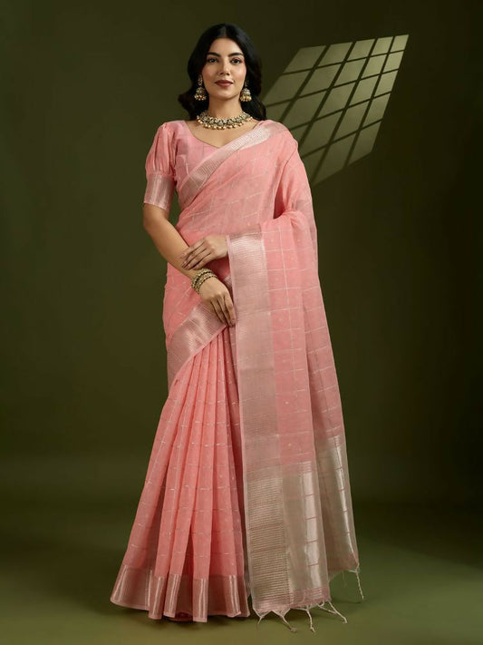 Vishnu Weaves Women's Peach Soft Silk Zari Woven Saree with Blouse - Swadesiicart